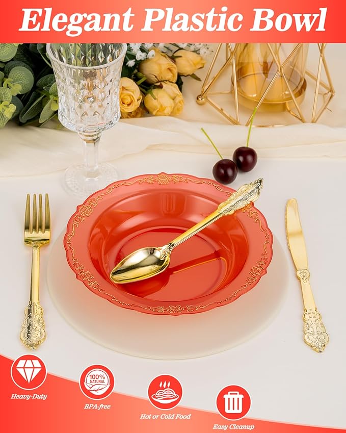 100 Pack Clear Red Plastic Bowls with Gold Rim, 12oz Plastic Salad Bowl, Disposable Bowls for Party, Dinners, Weddings, Christmas, Thanksgiving, Valentine's Day