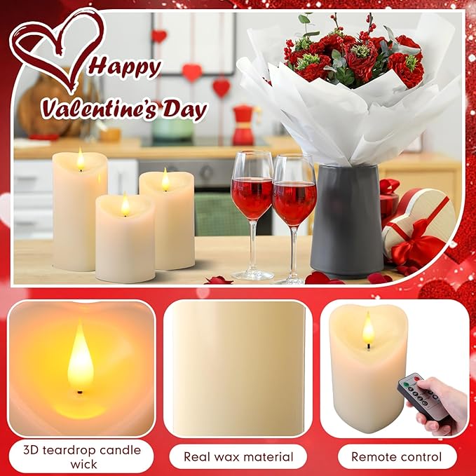Retisee 3 PCS Valentine's Day Heart Pillar Candle - 4" 5" 6" LED Battery Operated Flameless Candle with Remote for Valentine Women Romantic Home Weeding Decoration Gift(Ivory)