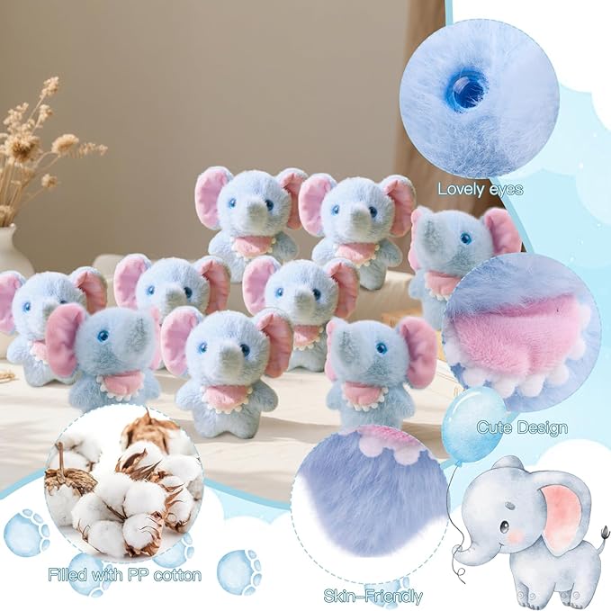 ARELUX 12 Pack Blue Elephant Set Stuffed Animals Bulk Multi-Item Party Supply, 4.5 Inch Plush Jungle Soft Stuffed Animals for Shower Birthday Gifts Gender Reveal Parties Decor