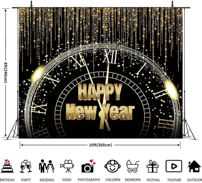 Happy New Year Backdrop 10x8ft New Years Eve Party Supplies Decor Gold Glitter 2026 Countdown Clock Background New Year Banner Family Portraits Decorations Christmas Photo Backdrop