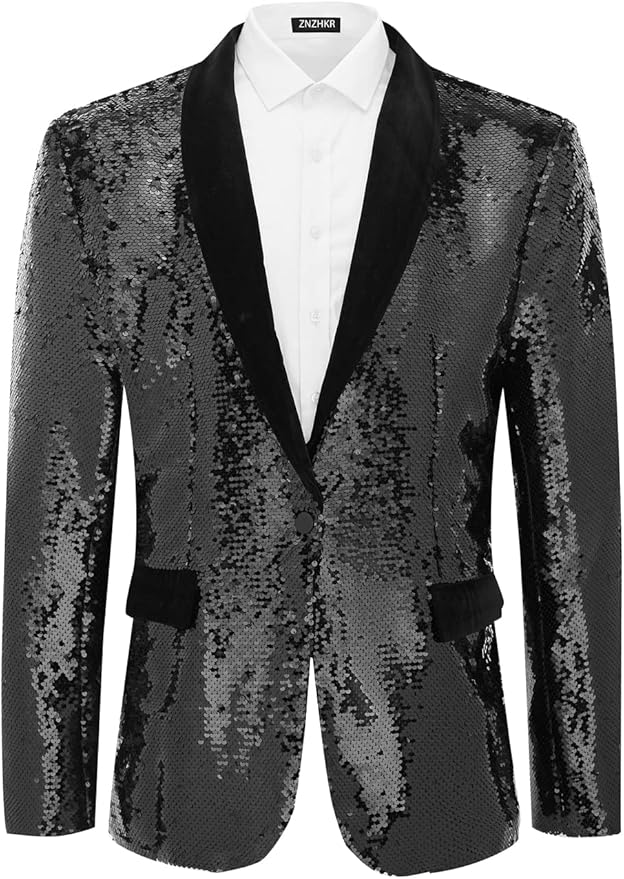 Men's 70s Disco Shiny Sequin Blazer Jacket for Weddings Prom & NightclubsSparkling Metallic Tuxedo Coat with Stretch Fabric