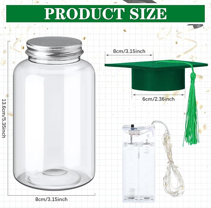 Boao 16 Sets Graduation Table Decoration Set with LED Light up Graduation Decorations for Class of 2026, Grad Jar, Felt Grad Hat and Stickers for High School College(Green)