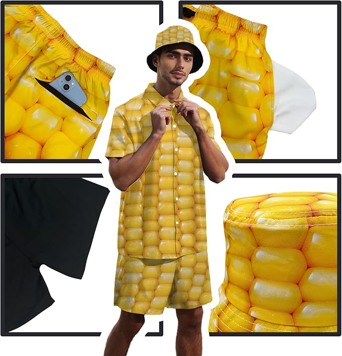 Men's Hawaiian Shirt and Shorts Set 2 Piece Beach Outfits with Bucket Hats for Beach Days and Summer Vibes