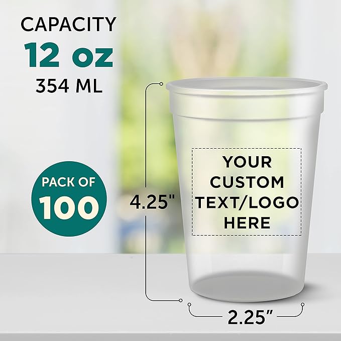 Custom Disposable Plastic Cups 12 oz. Set of 100, Personalized Bulk Pack - Perfect for Summer, Sporting Events, Birthdays, Weddings, Picnic, Beach, Parties - Clear