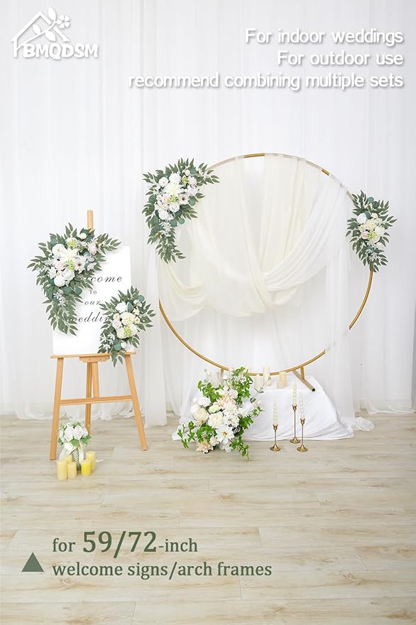 Wedding Arch Faux Flowers Set of 2 Wedding Welcome Sign for Wedding Decor Ceremony and Reception Backdrop Decoration (White)