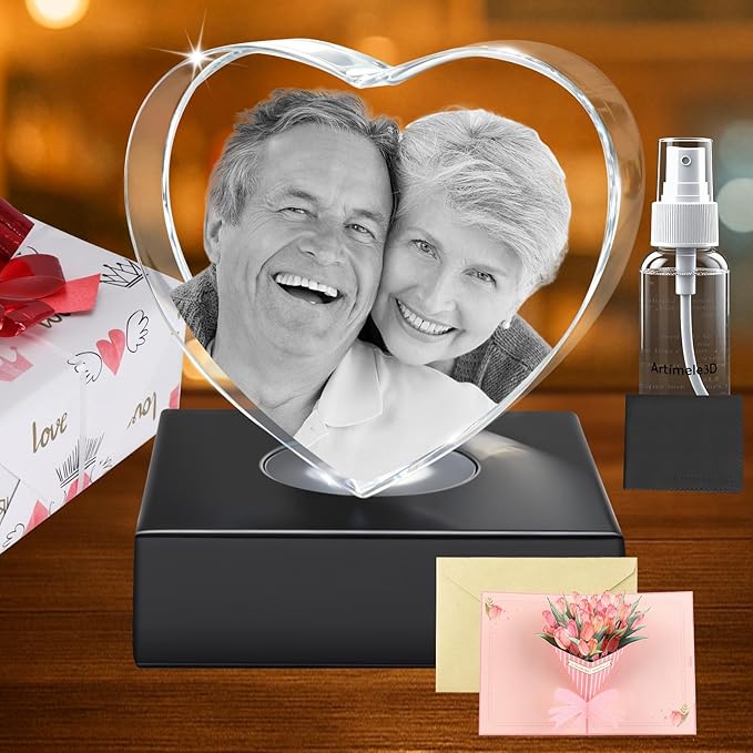 3D Crystal Photo,Valentine's Day Personalized Couple Gifts,for Women, Wife,Mom & Couples,Custom 3D Etched Photo Inside Heart Shape Sentimental Memorial Gift