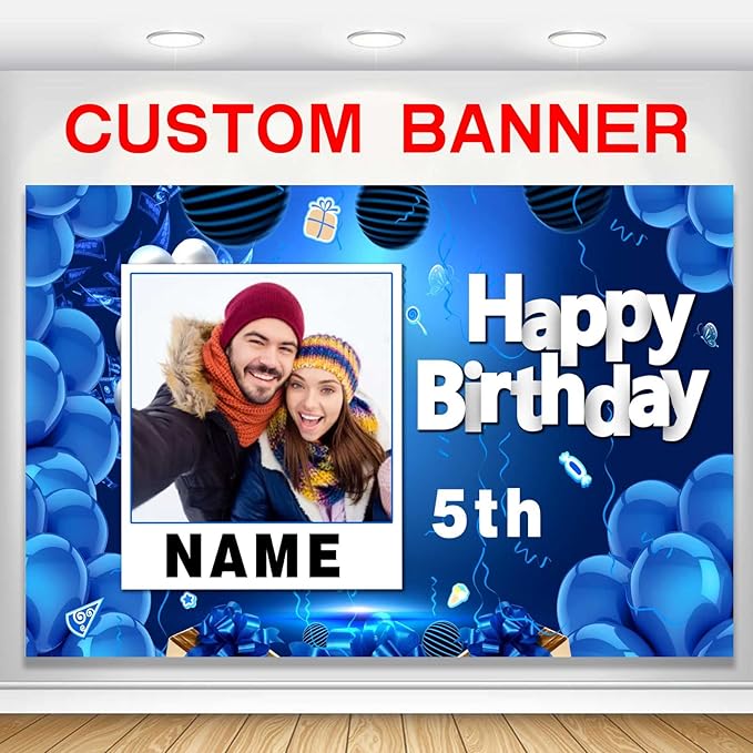 Custom Navy Blue and Gold Happy Birthday Sign Birthday Party Decorations Supplies Personalized Navy Blue Backdrop Banner (5x7.5ft)