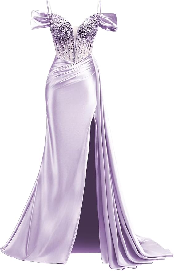 Rjer Off The Shoulder Satin Prom Dresses Long with Slit Tail 2026 Sequin Beaded Pleated Evening Ball Gown for Women Formal