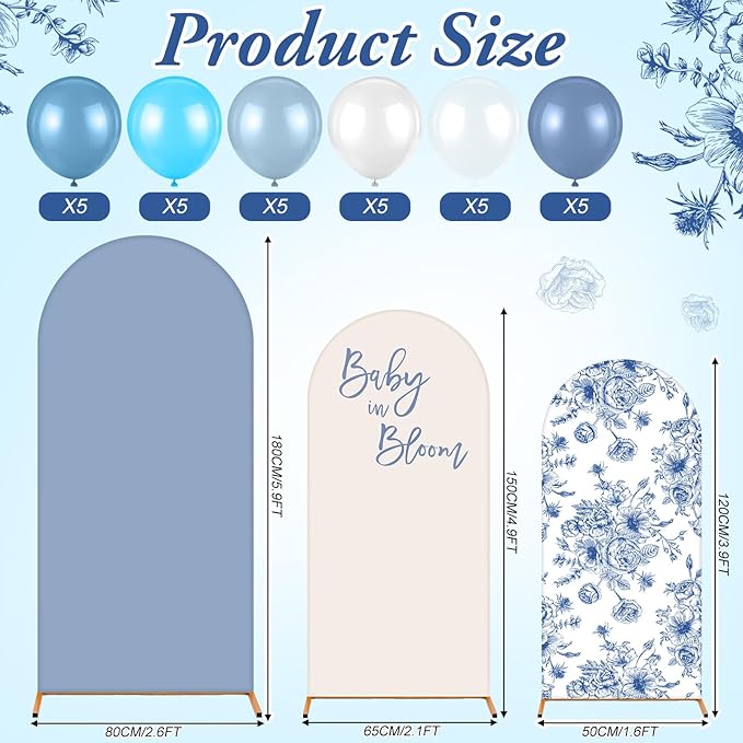 Baby in Bloom Balloon Arch Kit 34 Pcs Blue Baby Shower Party Decorations 4ft 5ft 6ft Blue and White Floral Spandex Arch Backdrop Cover with Balloons for Shower Decor