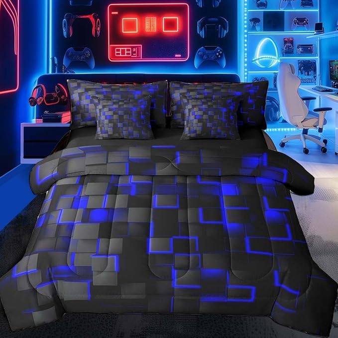 Feelyou Blue and Black Bedding Set King Size Light Geometric Comforter Set with Sheets 7 Piece for Kids Boys Decor Bed in a Bag Modern Style Bed Set