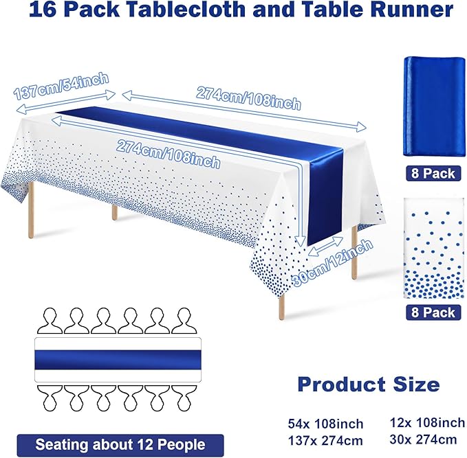 16Pack Disposable Plastic Tablecloths and Satin Table Runner Set White and Blue Dot Tablecloth Blue Satin Table Runner for Wedding Birthday Baby Shower Anniversary Christmas New Year Party Supplies