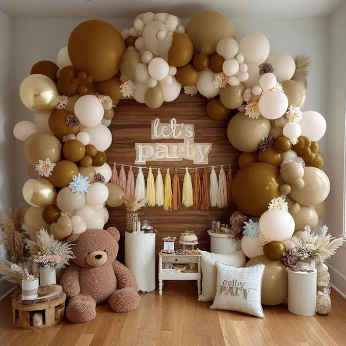 Neutral Balloon Arch Garland Kit - Double Stuffed Brown Nude Beige Cream Gold Balloons with 12pcs Artificial Flowers & 20pcs Tissue Tassels for Birthday Bear Baby Shower Party Decoration