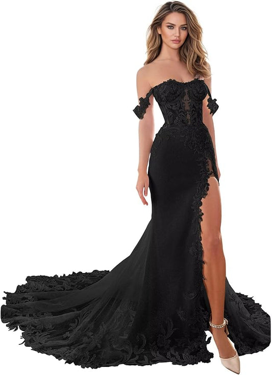 Zeeyecie Mermaid Tulle Wedding Dresses Lace Applique Corset V-Neck Sparkly Bridal Gowns with Train for Brides