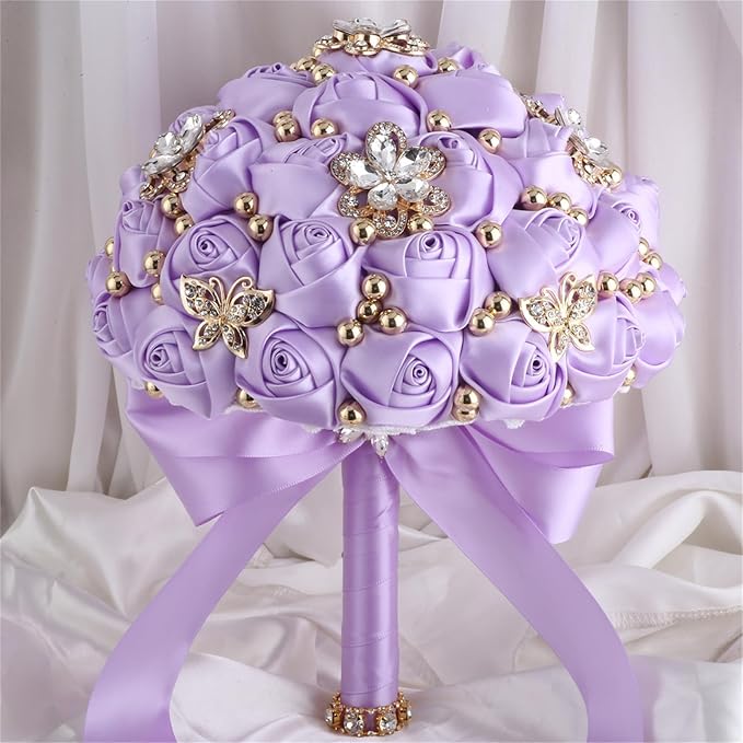 Bridal Wedding Bouquet for Bride Bridesmaid Wedding Quinceanera Throw Toss Artificial Rose Flower Bunch with Bling Brooch (66#Light Purple, Small (Dia. 7.5"/18cm))