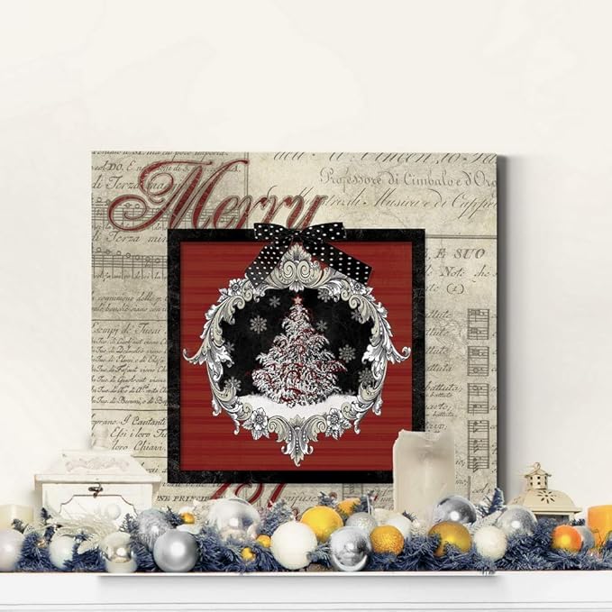 Renditions Gallery Merry Christmas Tree Wall Art, Cute Winter Decor, Antique Sheet Music Paper Design, Snowflakes, Premium Gallery Wrapped Canvas, Ready to Hang, 16 in H x 16 in W, Made in America