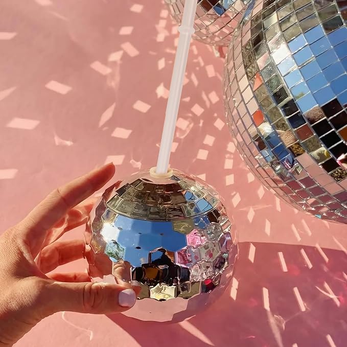 Disco Ball Cups, 20OZ Disco Party Cups with Lid and Reusable Straw Flash Ball Cocktail Cup for Party Nightclub Bar Supplies Wine Drinking Syrup Tea Bottle (12, Sliver)