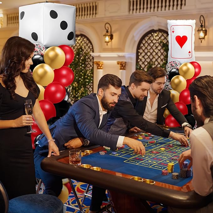 Kasyat 2 Set Casino Balloon Column Stand Kit Adjustable Red Black Gold Dice Poker Foil Balloons Arch Garland Kit for Birthday Casino Night Las Vegas Theme Party Decorations