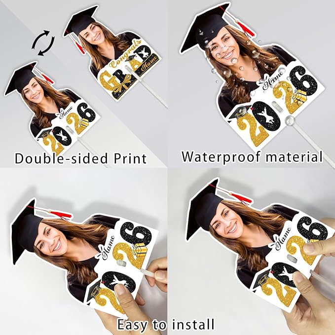Personalized Graduation Face Fan 2026 Grade Custom Double Sided Face Cutout Fan with Handle Photo Booth Prop Party Supplies(B-Black and Gold,24pcs)