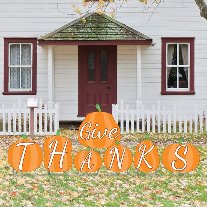 VictoryStore Yard Sign Outdoor Lawn Decorations: Pumpkin Give Thanks Thanksgiving Yard Decorations 7pcs with Short Stakes