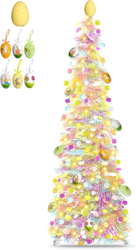 Timer - Easter Decorations, 5Ft Lighted Easter Tree with 50 LED Warm White Lights 12 Colorful Eggs Ornaments Battery Operated Easter Egg Tree Pop Up Tinsel Collapsible Tree for Home Porch Office Party