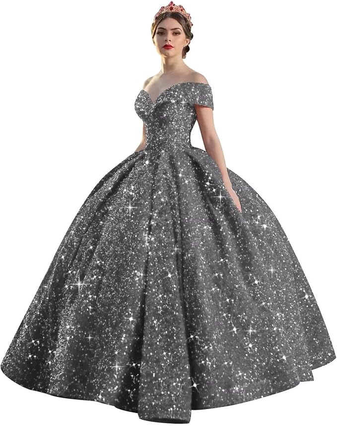 Quinceanera Dress Long Ball Gown Sparkly Sequin Off Shoulder V Neck Prom Dresses