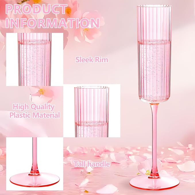 36 Pack Pink Plastic Champagne Flutes - 6oz Ribbed Disposable Champagne Glasses - Clear Pink Vintage Mimosa Glasses with Long Stem Elegant & Lightweight for Valentine's Day Wedding Party