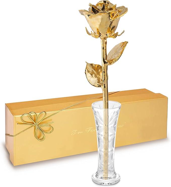 Forever Rose 24K Gold Dipped Real Rose – Handmade, Long-Lasting Preserved Flower in Glass Vase & Gold Box, Romantic Gift for Anniversary, Valentine's, Mother's Day, Birthday, Wedding, Wife, Girlfriend