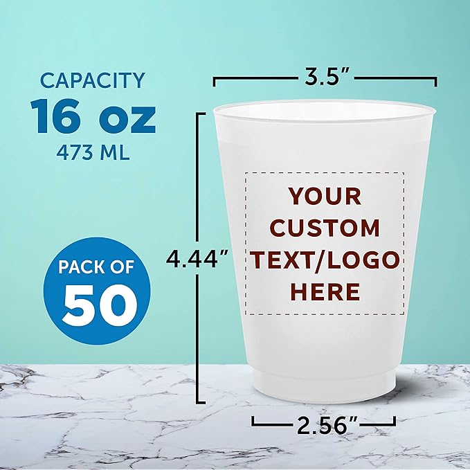 DISCOUNT PROMOS Custom Frosted Plastic Stadium Cups, 50 pack, Promotional Text, Logo, 16 oz. Shatterproof Flexible Reusable Party Cups, Natural
