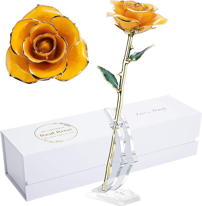 24K Forever Gold Rose, Gold Dipped Rose Made from Real Rose Best Gifts for her and Great Gifts for Her, Yellow with Stand