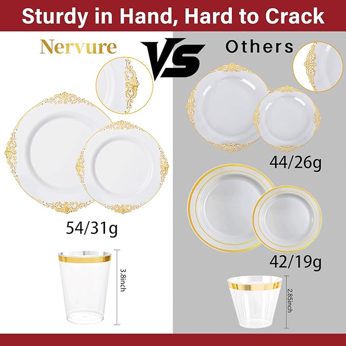 Nervure 350PCS Gold Plastic Dinnerware - White and Gold Disposable Plates for 50 Guests - 100 White Disposable Plates, 150 Plastic Silverware, 50 Cups, 50 Napkins for Wedding & Party