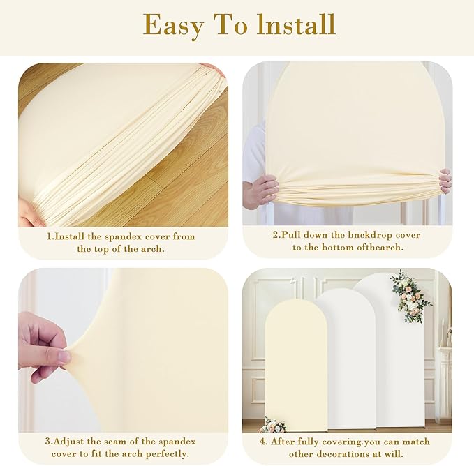 White and Beige Arch Cover 3 Set-8FT, 7.2FT, 6.6FT Arch Backdrop Cover Spandex Fitted 2- Color Fabric Stand Covers for Bridal Shower Baby Shower Birthday Party Wedding Photo Background Decorations