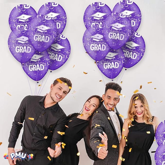 PMU 100 Pcs Crystal Purple Graduation Balloons Class of 2025 with All-Over Print White Grad Caps-Confetti and Streamers | Graduation Party Supplies | Congratulations Grad Latex Balloons Latex