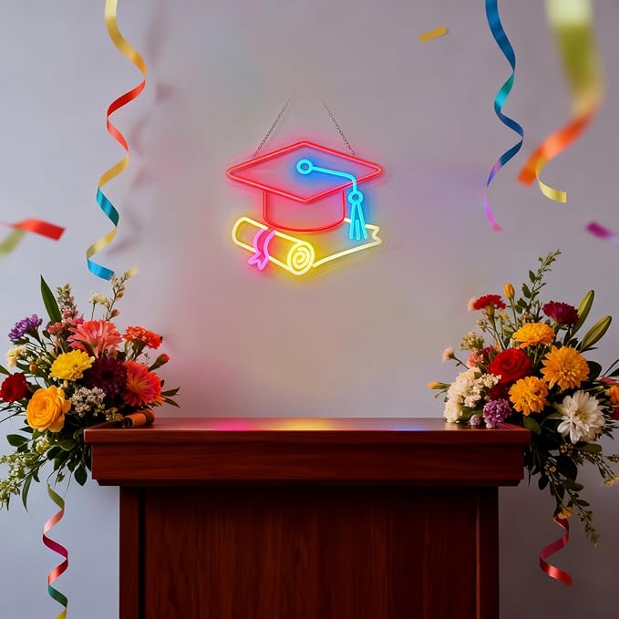 Congrats Grad Neon Sign with Cap & Diploma - 3-Color Red Yellow Ice Blue Graduation Decorations 2026, 10-Level Dimmable LED Wall Light, USB Powered Gift for Graduate, 14.5"x12.6"