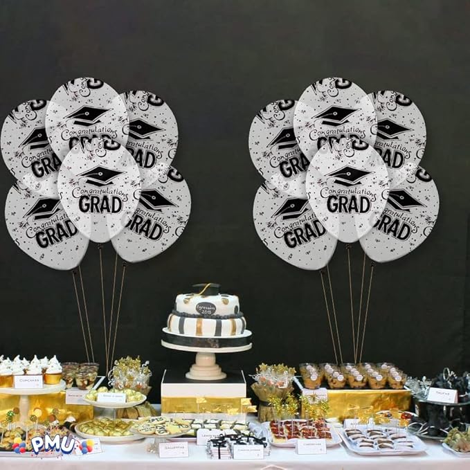 PMU 100 Pcs Crystal Clear Graduation Balloons Class of 2025 with All-Over Print White Grad Caps-Confetti and Streamers | Graduation Party Supplies | Congratulations Grad Latex Balloons Latex