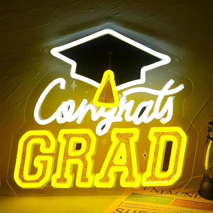 Congrats Grad Neon Sign LED Graduation Neon Lights Dimmable Graduation Party Decor for Prom Party,Graduation Gift for Boys Girls-12.72 x 12.2 IN-USB Powered-Acrylic