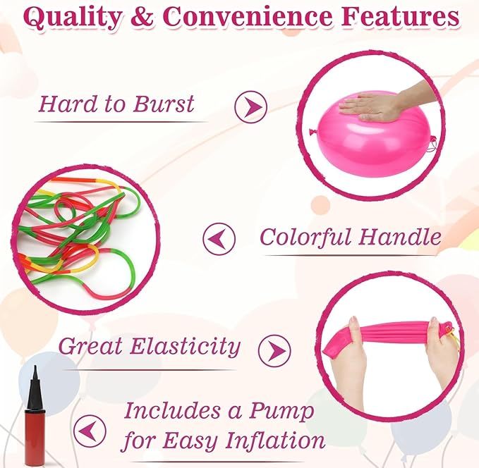200 Pcs Punch Balloons Heavy Duty Punching Balloon Halloween Party Favors with Rubber Band Handle and Air Pump for Birthday Halloween Goodie Bag Stuffer Supply (Pink)
