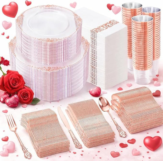 YOUBET 700PCS Rose Gold Plastic Plates - Clear Rose Gold Plastic Dinnerware Set Include 200 Disposable Plate, 300 Heavy Duty Silverware, 100 Cups, 100 Napkins for Wedding & Party & Baby Shower