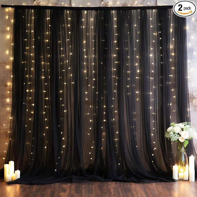10x10ft Black Tulle Backdrop Curtain with Lights String for Parites, Sheer Photo Backdrop Curtains with Lights for Wedding Backdrop Ceremony Reception Bridal Shower Baby Shower Birthday Party