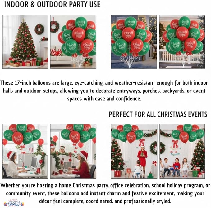 PMU 50 Pcs Christmas 17 Inch Latex Balloons – Red & Green Assorted “Happy Holidays” Party Balloons for Xmas Decorations, Holiday Events, Indoor Outdoor Christmas Party Supplies