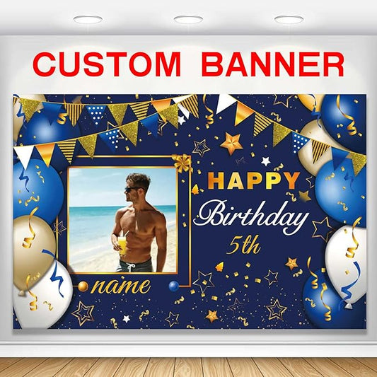 Custom Navy Blue and Gold Happy Birthday Sign Birthday Party Decorations Supplies Personalized Navy Blue Backdrop Banner (5x7.5ft)