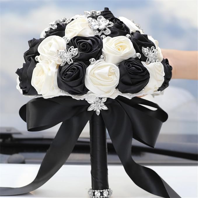 Bridal Wedding Bouquet for Bride Bridesmaid Wedding Quinceanera Throw Toss Artificial Rose Flower Bunch with Bling Brooch (AS#Black Ivory, Medium (Dia. 8.7"/22cm))