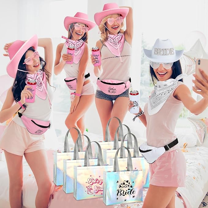49 Pcs Cowgirl Bachelorette Party Favors Set Bachelorette Cowgirl Hats Bridesmaid Fanny Pack Can Sleeves Hair Ties Paisley Bandanas Heart Glasses Tote Bags for Bridal Shower