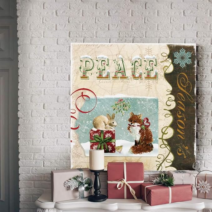 Renditions Gallery Christmas Peace Wall Art, Cute Winter Decor, Festive Rabbit, Fox, and Bird with Present, Premium Gallery Wrapped Canvas, Ready to Hang, 32 in H x 32 in W, Made in America