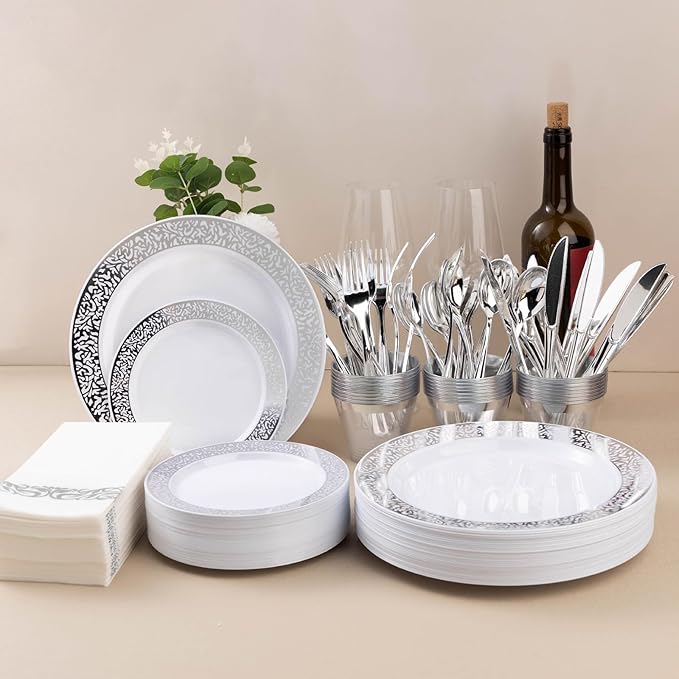 700PCS Silver Plastic Dinnerware Set for 100 Guests, Disposable Plates for Party, Include 100 Dinner Plates, 100 Dessert Plates, 100 Set Silver Silverware, 100 Cups, 100 Napkins