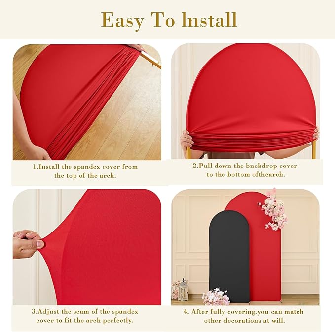 Arch Backdrop Cover Set of 3 - Spandex Arch Covers 7.2FT 6.6FT 6FT Stretchy Fabric Backdrop for Wedding Ceremony, Bridal Baby Shower, Birthday Party, Photo Booth Background Decor(Red and Black)