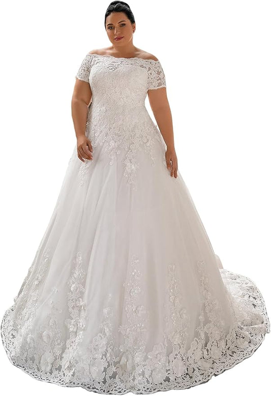 Plus Size Wedding Dresses for Bride Long Sleeve Wedding Bridal Gowns with Lace Appliques Off Shoulder Bride Dress