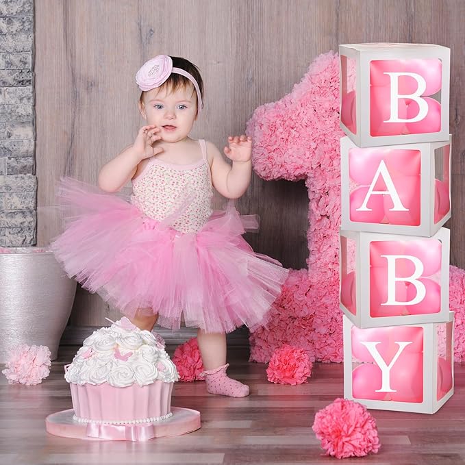 20 Pcs Transparent Balloon Boxes Baby Boxes with 165 Letters Clear Balloon Box Blocks for Baby Shower Gender Reveal Grad Birthday Party Bridal Wedding Anniversary Backdrop Decoration (White)