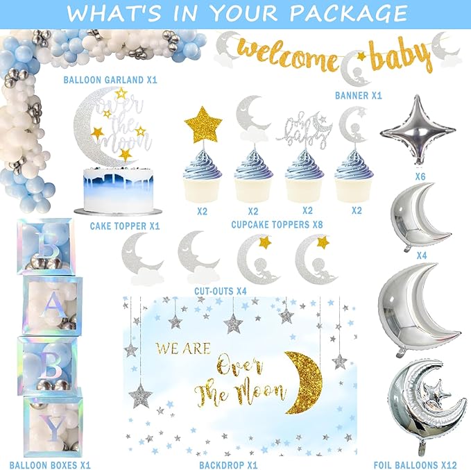 154 PCs Over The Moon Baby Shower Decorations, Fiesec We Are Over The Moon Baby Shower Decorations Backdrop Balloon Garland Glitter Banner Cake Cupcake Topper Boxes Cutout Starry Night Galaxy Sliver
