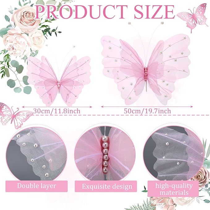 Geelin 6 Pcs Large Pink Pearl Butterfly Decorations Mariposas Grandes para Decoracion Big Butterfly Party Decor 20 Inch 12 Inch 3D Silk Butterflies for Baby Shower Birthday Party Wedding Decor