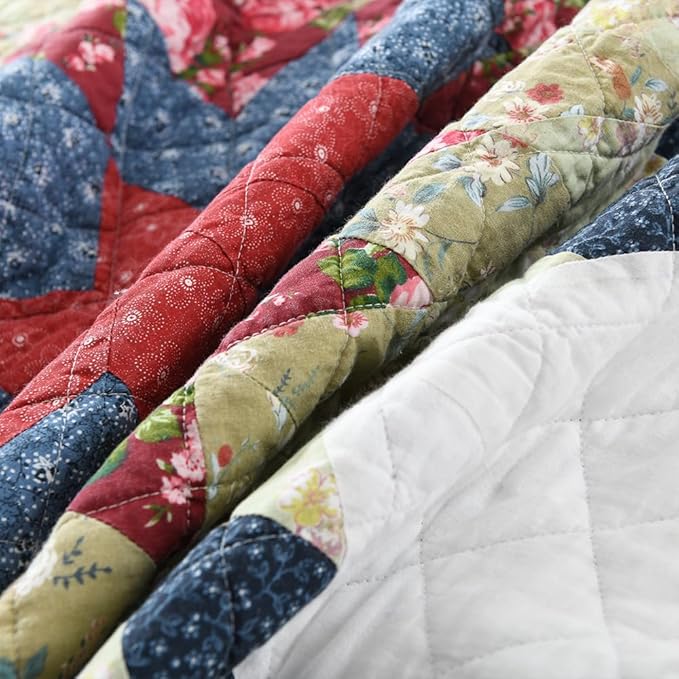 Cotton Bedspread Quilt Bedding Sets 3 Pieces Reversible Coverlets Real Patchwork Star Red Blue Bedspread, Queen Size